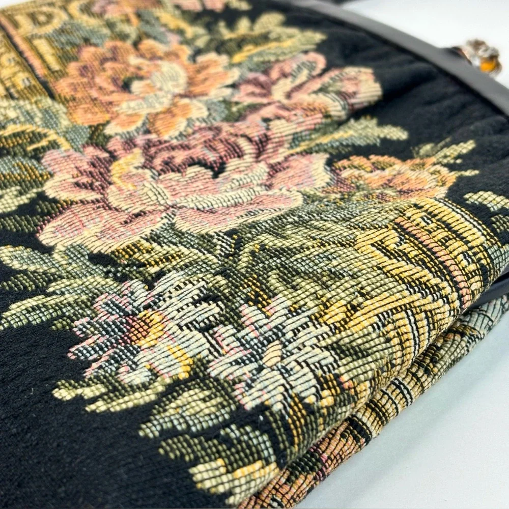 Vintage 1950’s Harry Levine Jewel Kiss Clasp Floral Tapestry Purse Leather Strap